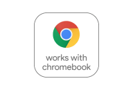 Works with Chromebook badge — Chrome logo above the text 'works with Chromebook' inside a rounded square.