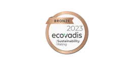 EcoVadis Bronze 2023 badge — circular bronze medal with a ribbon reading 'BRONZE', '2023' and 'ecovadis Sustainability Rating' inside.