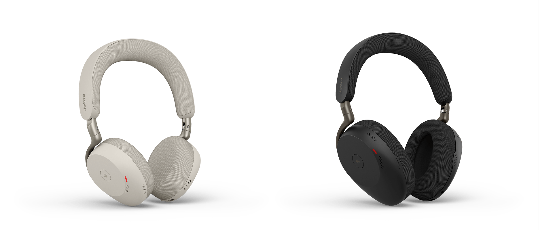Jabra Evolve3 75 and Jabra Evolve3 85 wireless over-ear headsets in warm gray and black, featuring boomless design, adaptive ANC, and professional-grade hybrid work audio.