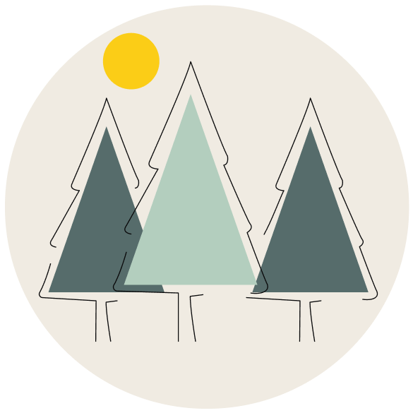 Minimalist illustration of three triangular pine trees in muted greens inside a cream circle, with a small yellow sun, on a pale green background.